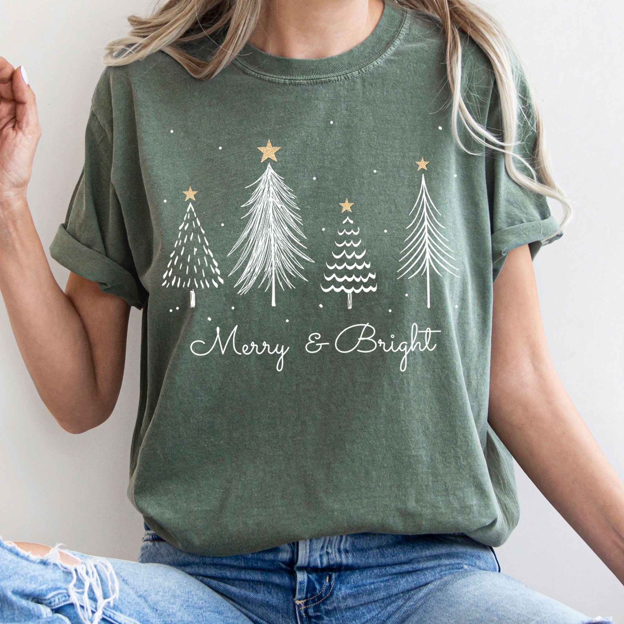 Merry And Bright Christmas Trees With Gold Star Yuletide Celebration Comfort Colors Tee