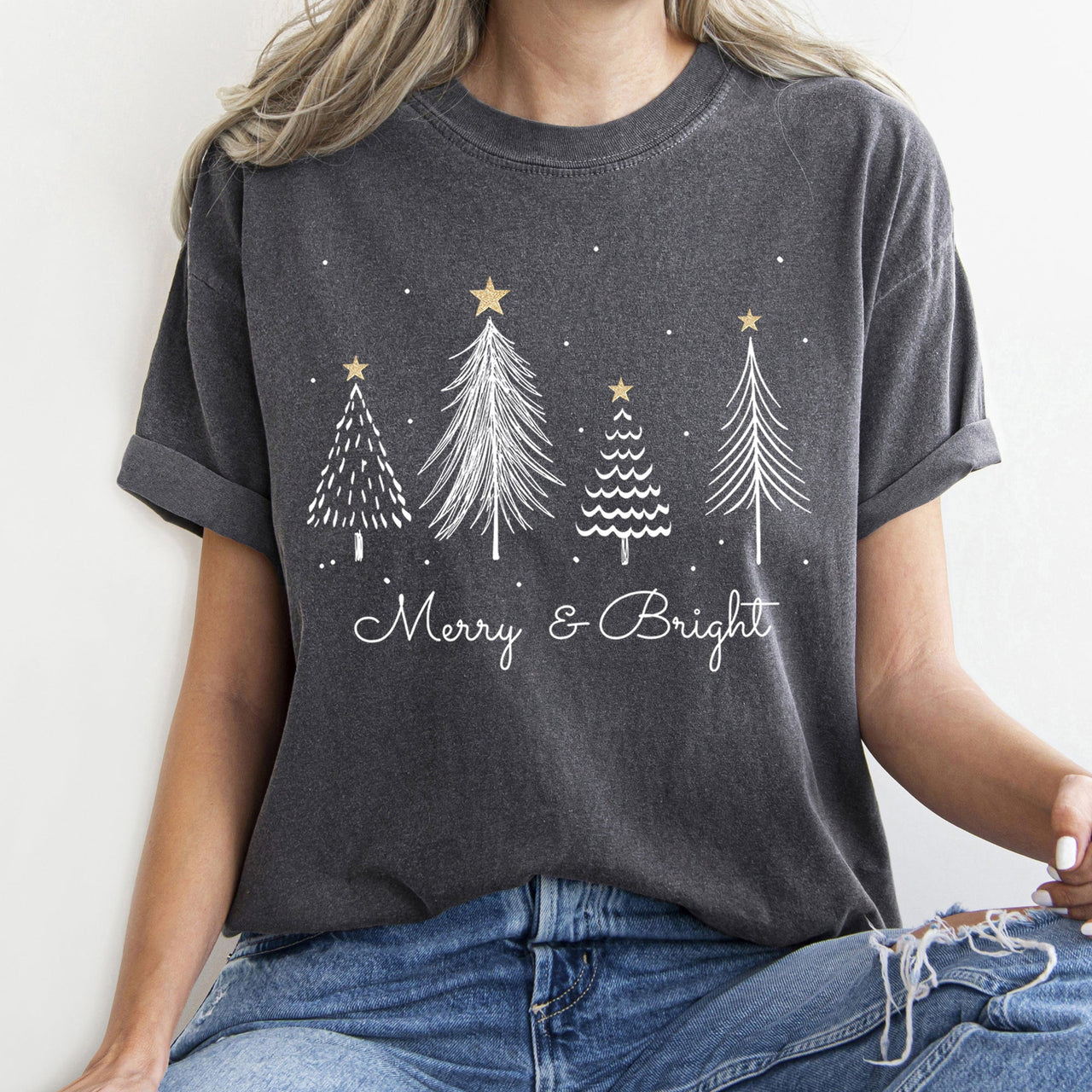 Merry And Bright Christmas Trees With Gold Star Yuletide Celebration Comfort Colors Tee