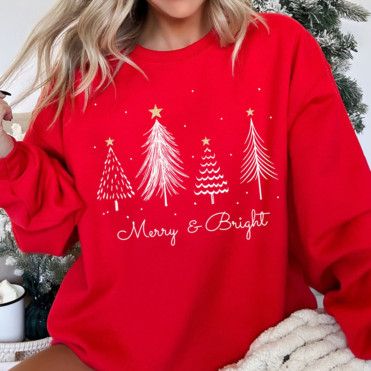Merry And Bright Christmas Trees Festive Cozy Winter Holiday Seasonal Graphic Sweatshirt