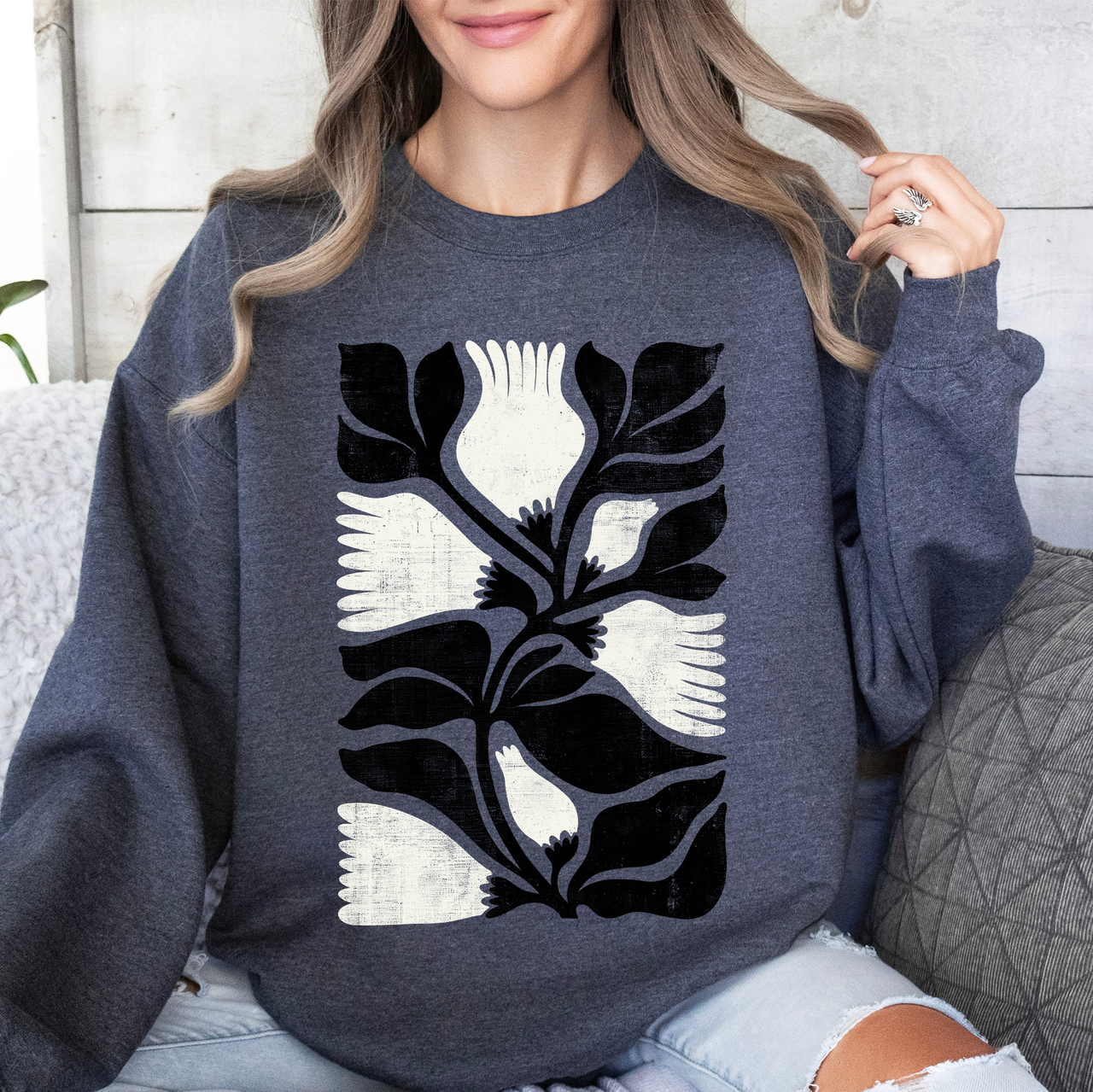 White Petal Flower And Black Leaf Vintage Boho Nature Print Cozy Timeless Everyday Wear Sweatshirt