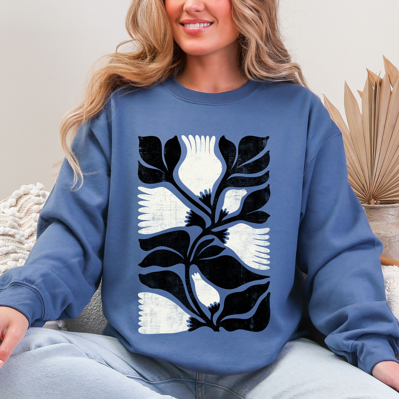 White Petal Flower And Black Leaf Vintage Boho Nature Print Cozy Timeless Everyday Wear Sweatshirt