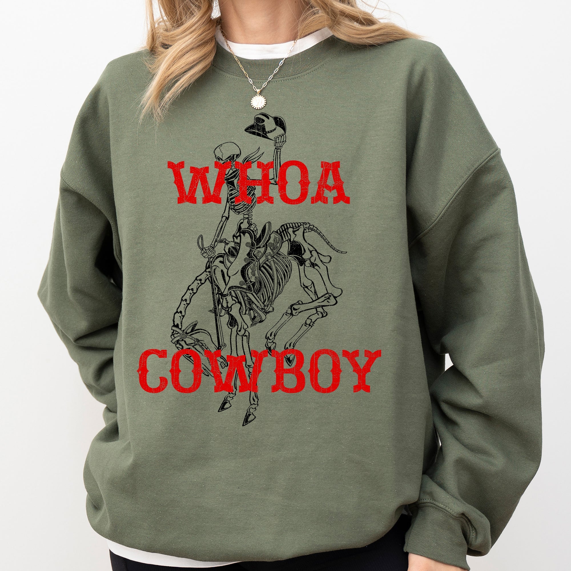 Whoa Cowboy Bronco Ride Rodeo Skeleton Illustration Across The Wild West Theme Stories Sweatshirt
