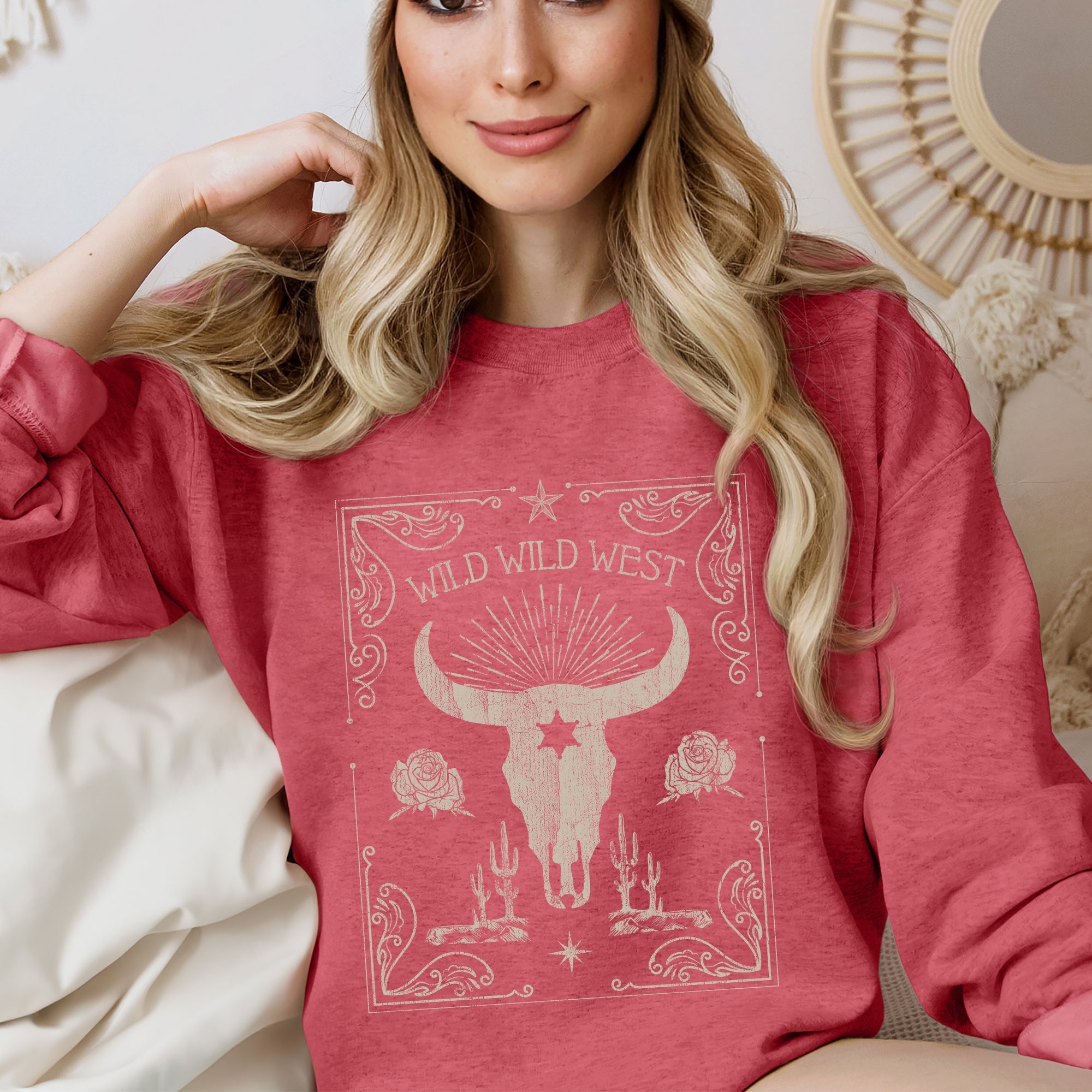 Wild Wild West Cow Skull Rose Western Country Frontier Spirit Living Ranch Heritage Sweatshirt