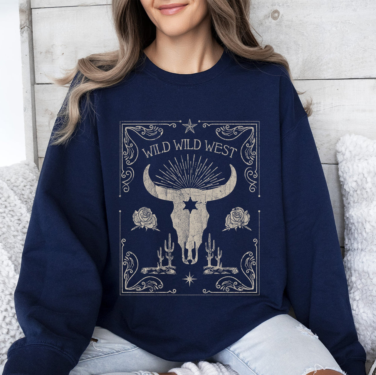 Wild Wild West Cow Skull Rose Western Country Frontier Spirit Living Ranch Heritage Sweatshirt
