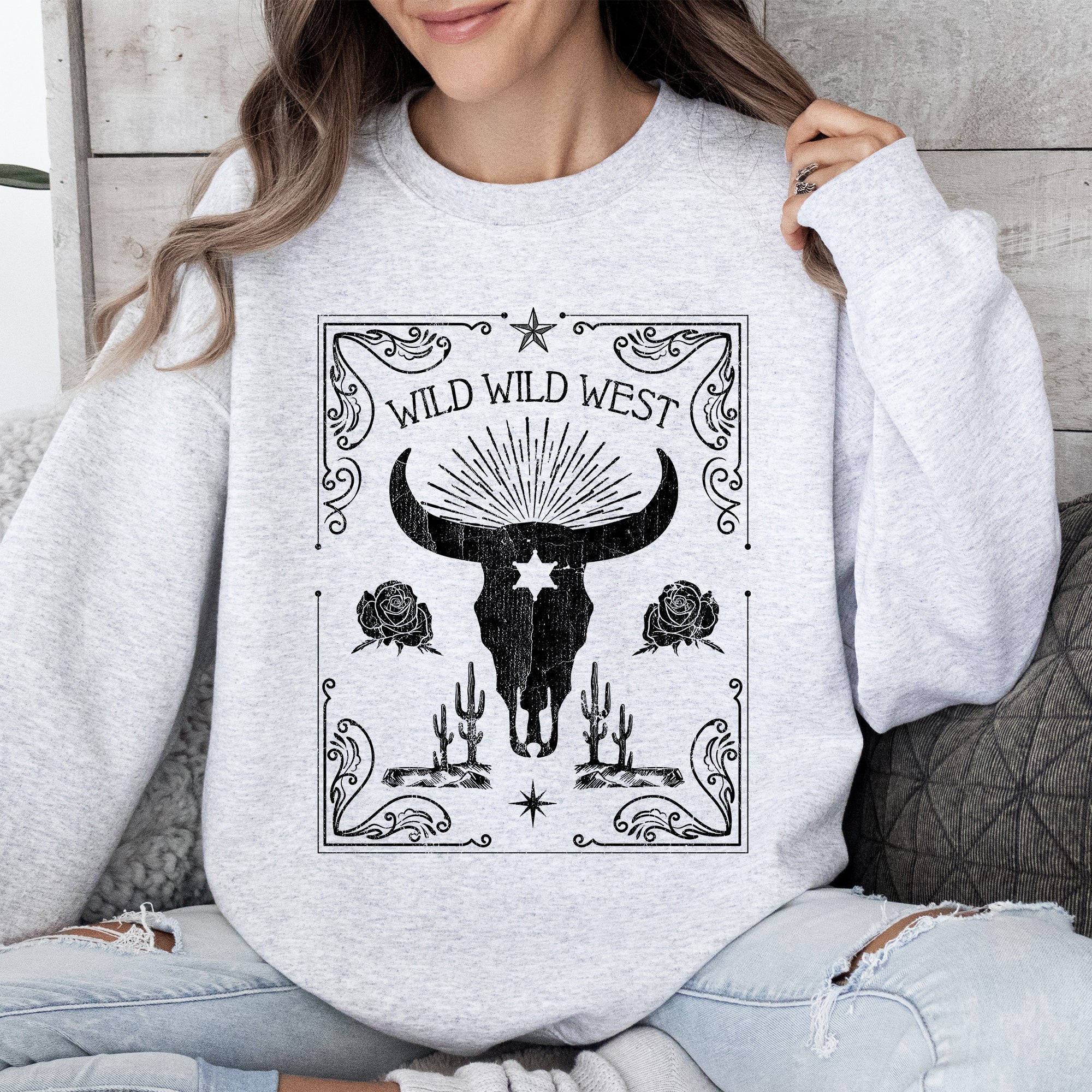 Wild Wild West Cow Skull Rose Western Country Frontier Spirit Living Ranch Heritage Sweatshirt
