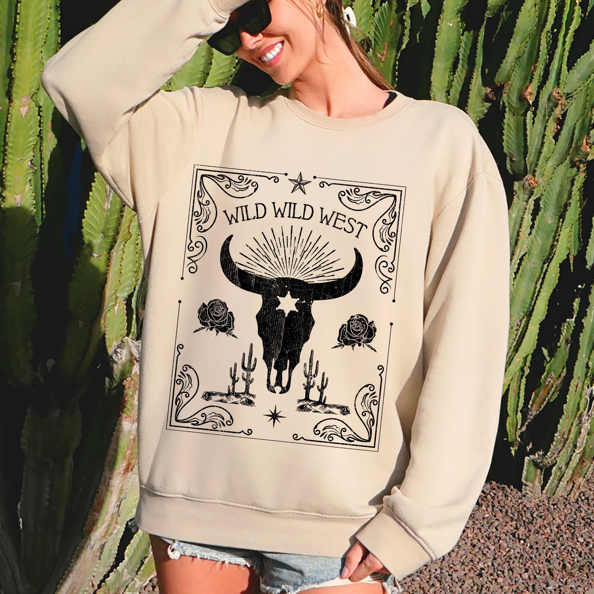 Wild Wild West Cow Skull Rose Western Country Frontier Spirit Living Ranch Heritage Sweatshirt
