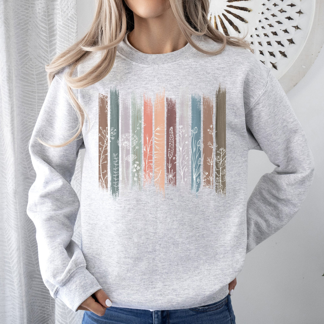 Wildflowers Nature Floral Botanical Stripes Garden Inspired Print Soft Cotton Blend Sweatshirt