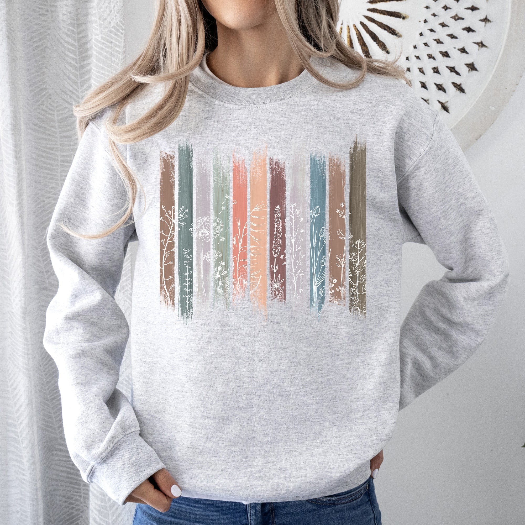 Wildflowers Nature Floral Botanical Stripes Garden Inspired Print Soft Cotton Blend Sweatshirt