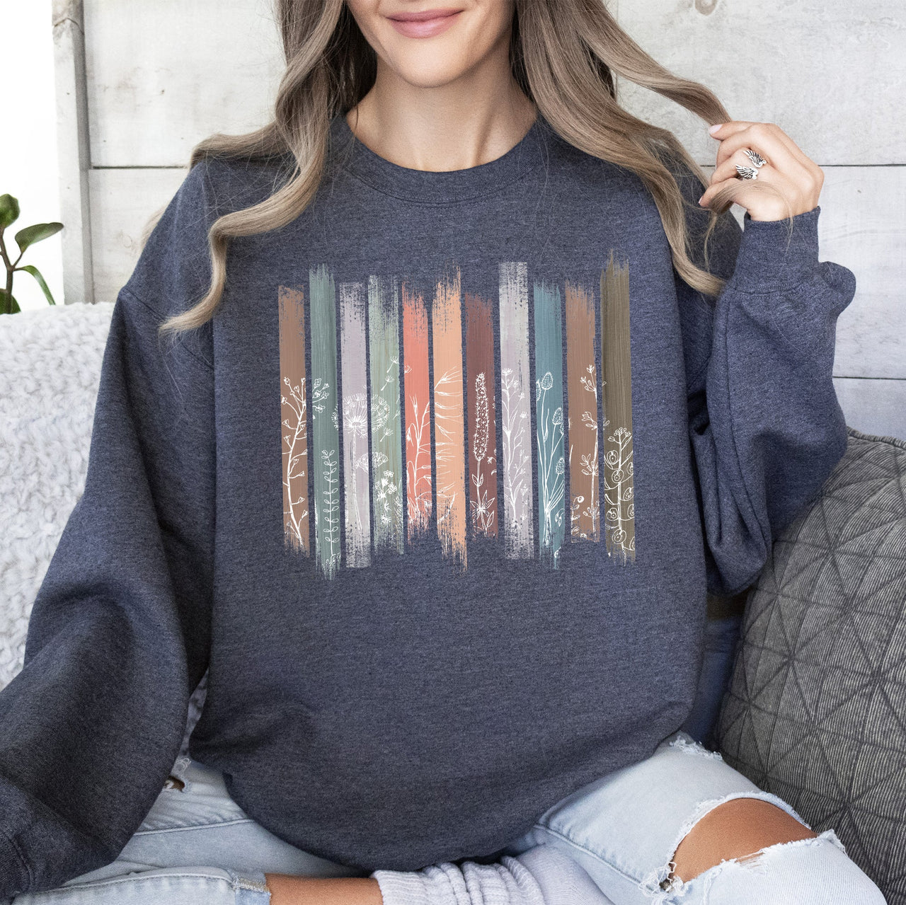 Wildflowers Nature Floral Botanical Stripes Garden Inspired Print Soft Cotton Blend Sweatshirt