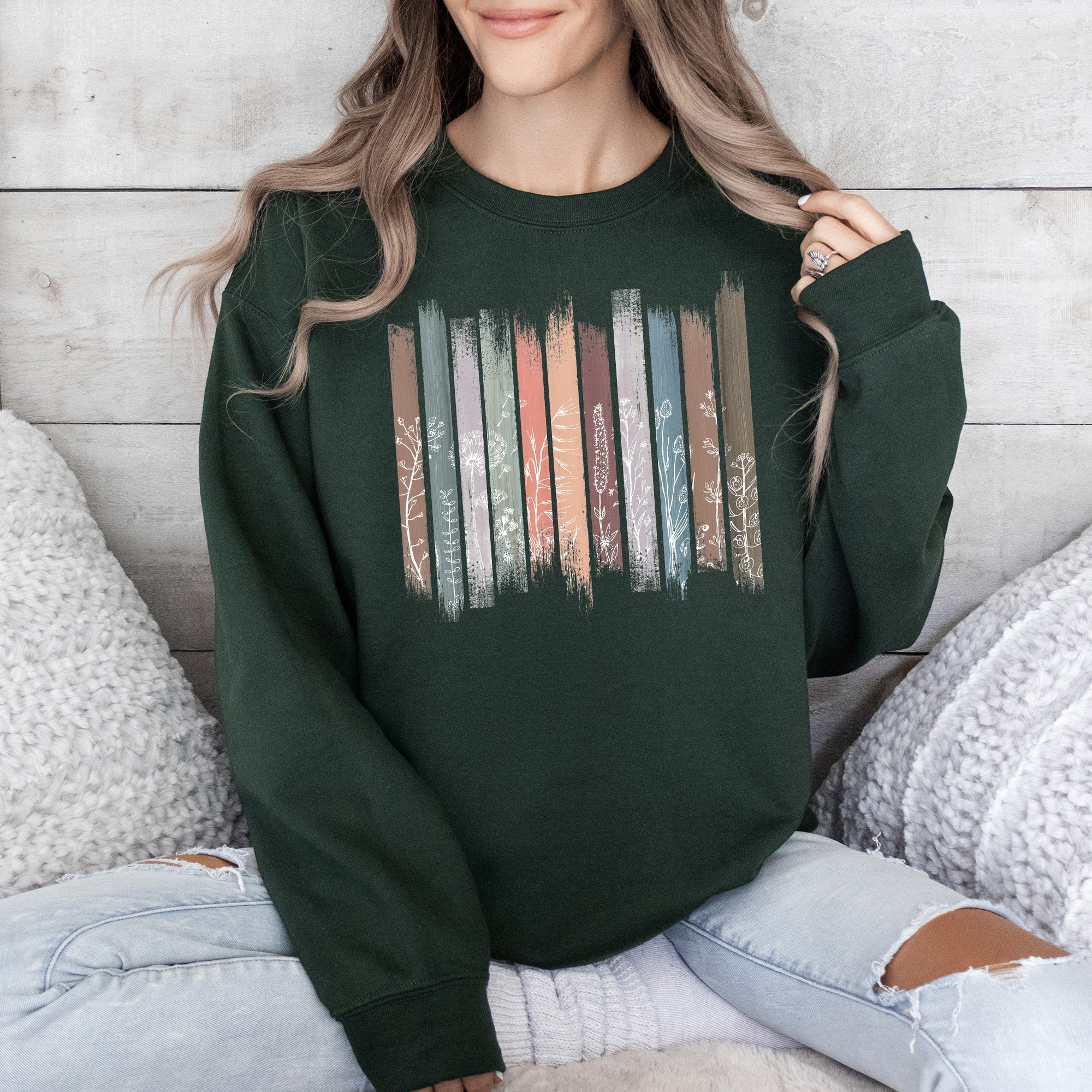 Wildflowers Nature Floral Botanical Stripes Garden Inspired Print Soft Cotton Blend Sweatshirt