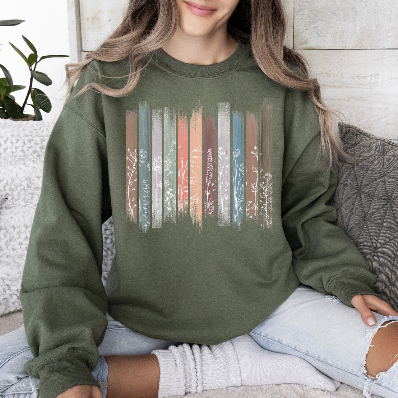 Wildflowers Nature Floral Botanical Stripes Garden Inspired Print Soft Cotton Blend Sweatshirt