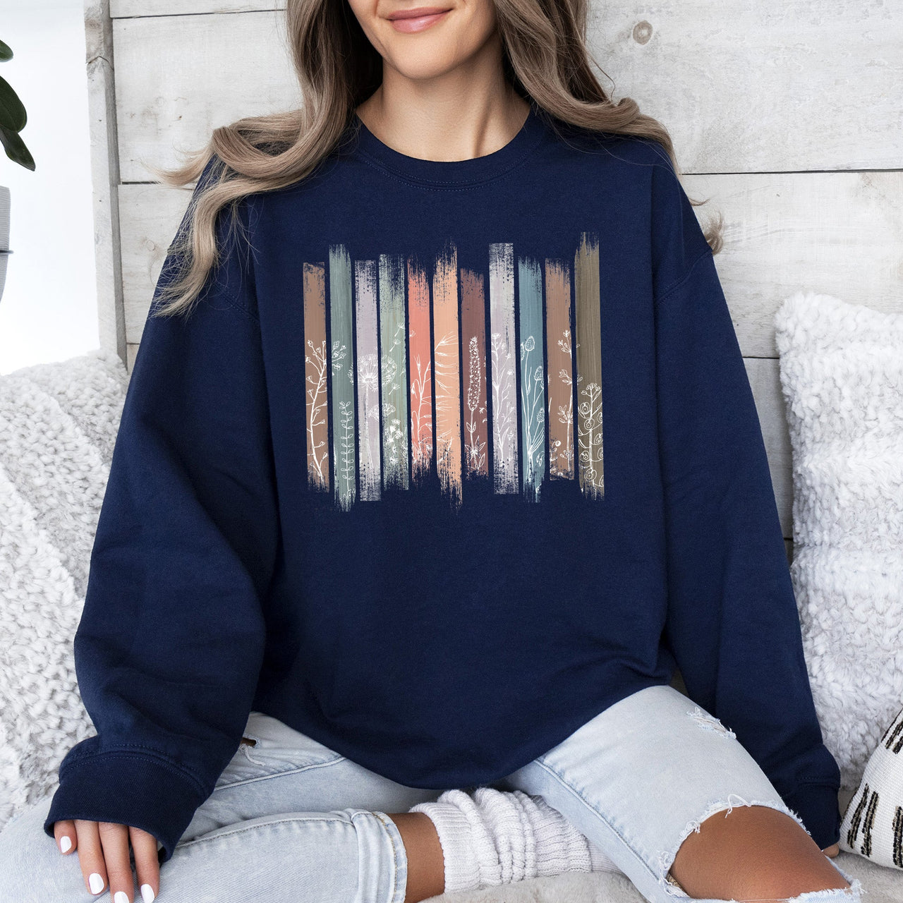 Wildflowers Nature Floral Botanical Stripes Garden Inspired Print Soft Cotton Blend Sweatshirt
