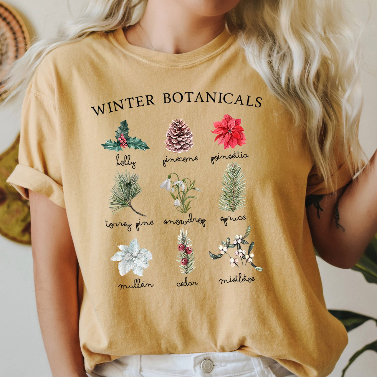 Winter Botanicals Holly Poinsettia Pine Tree Seasonal Holiday Design Comfort Colors Tee