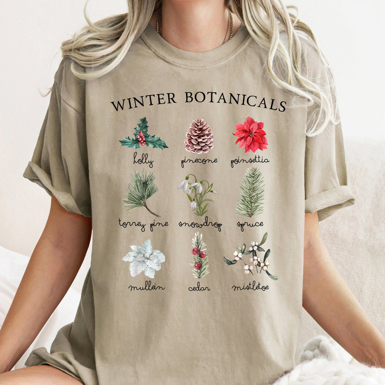 Winter Botanicals Holly Poinsettia Pine Tree Seasonal Holiday Design Comfort Colors Tee