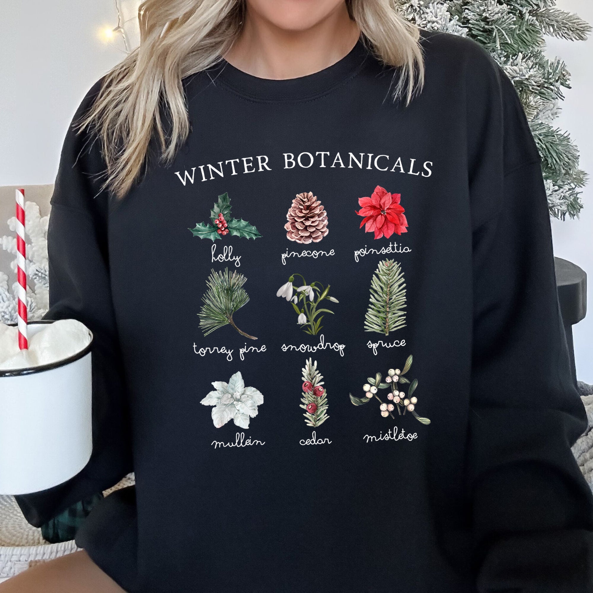 Winter Botanicals Holly Poinsettia Christmas Botanical Print Cozy Soft Sweatshirt