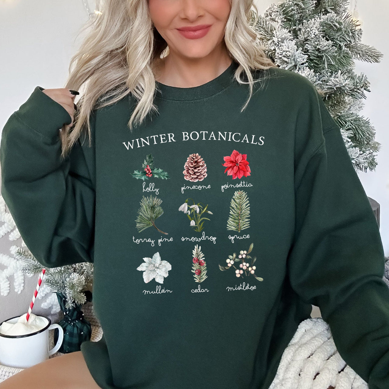 Winter Botanicals Holly Poinsettia Christmas Botanical Print Cozy Soft Sweatshirt
