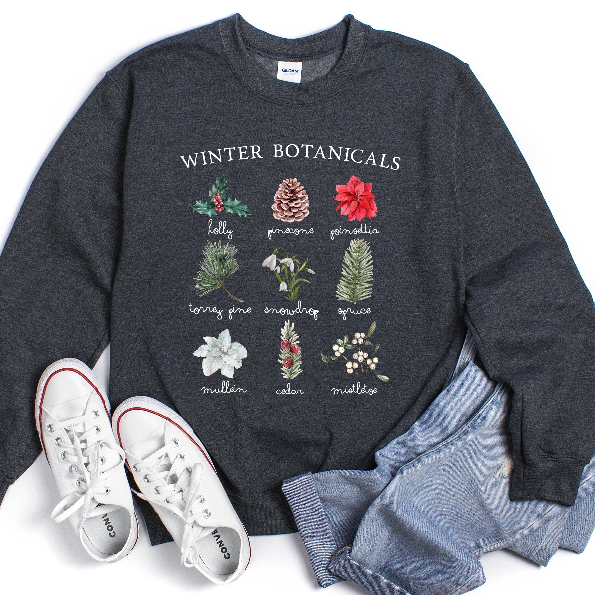 Winter Botanicals Holly Poinsettia Christmas Botanical Print Cozy Soft Sweatshirt