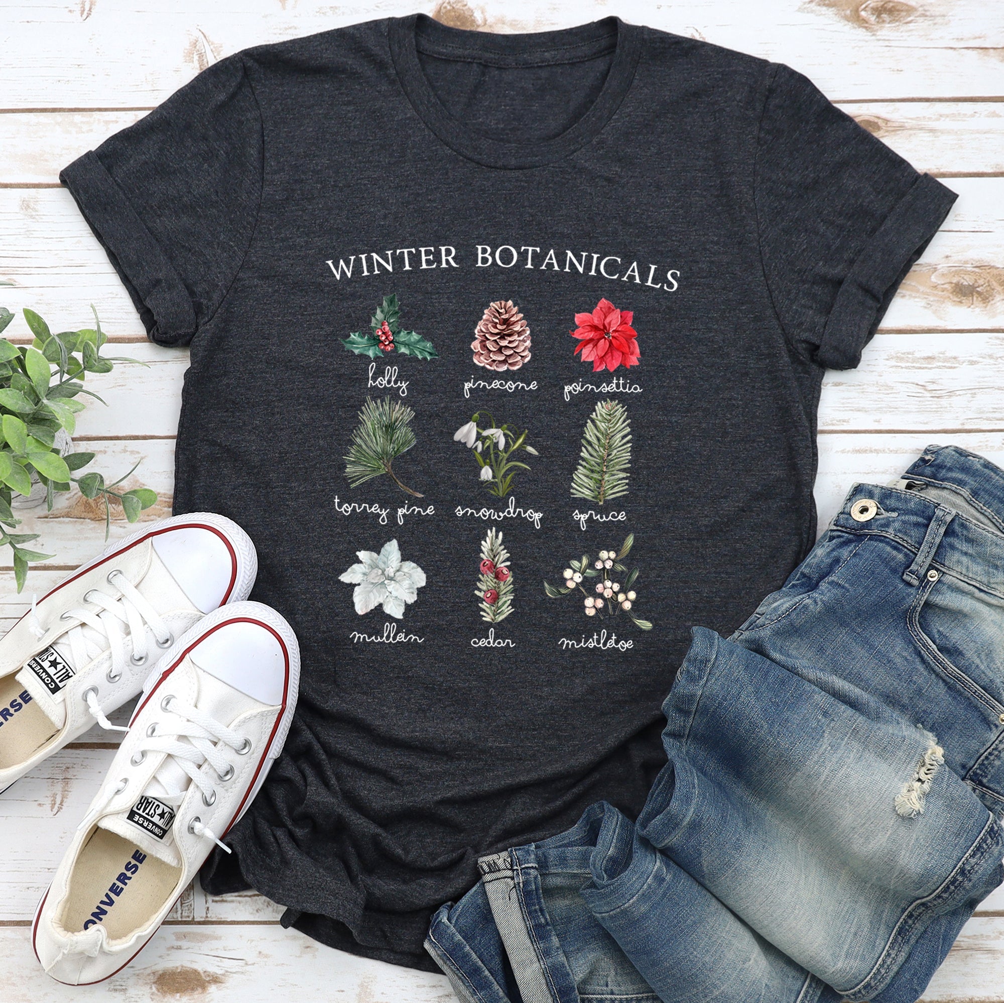 Winter Botanicals Holly Poinsettia Pine Tree Seasonal Florals Edition Graphic Tee