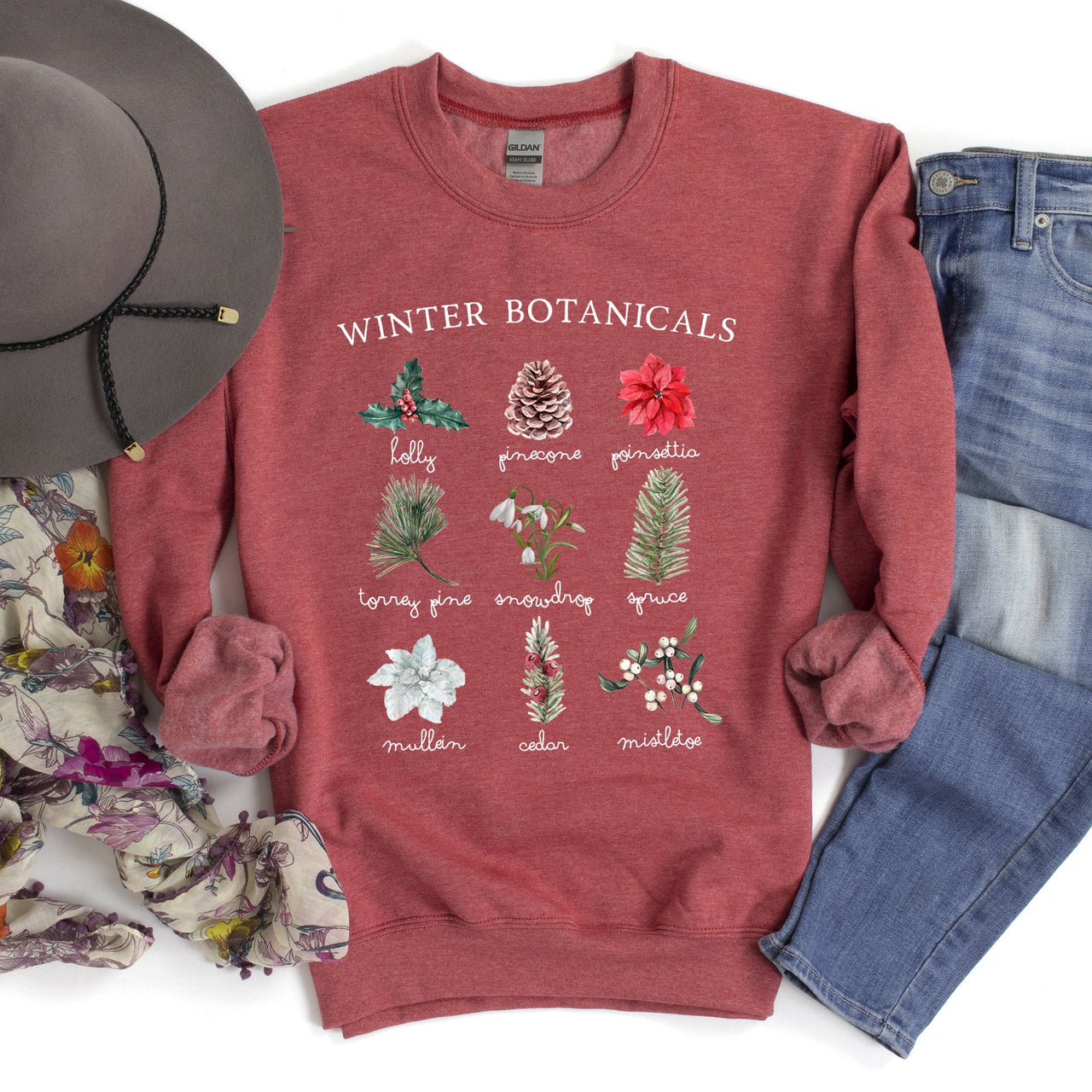 Winter Botanicals Holly Poinsettia Christmas Botanical Print Cozy Soft Sweatshirt