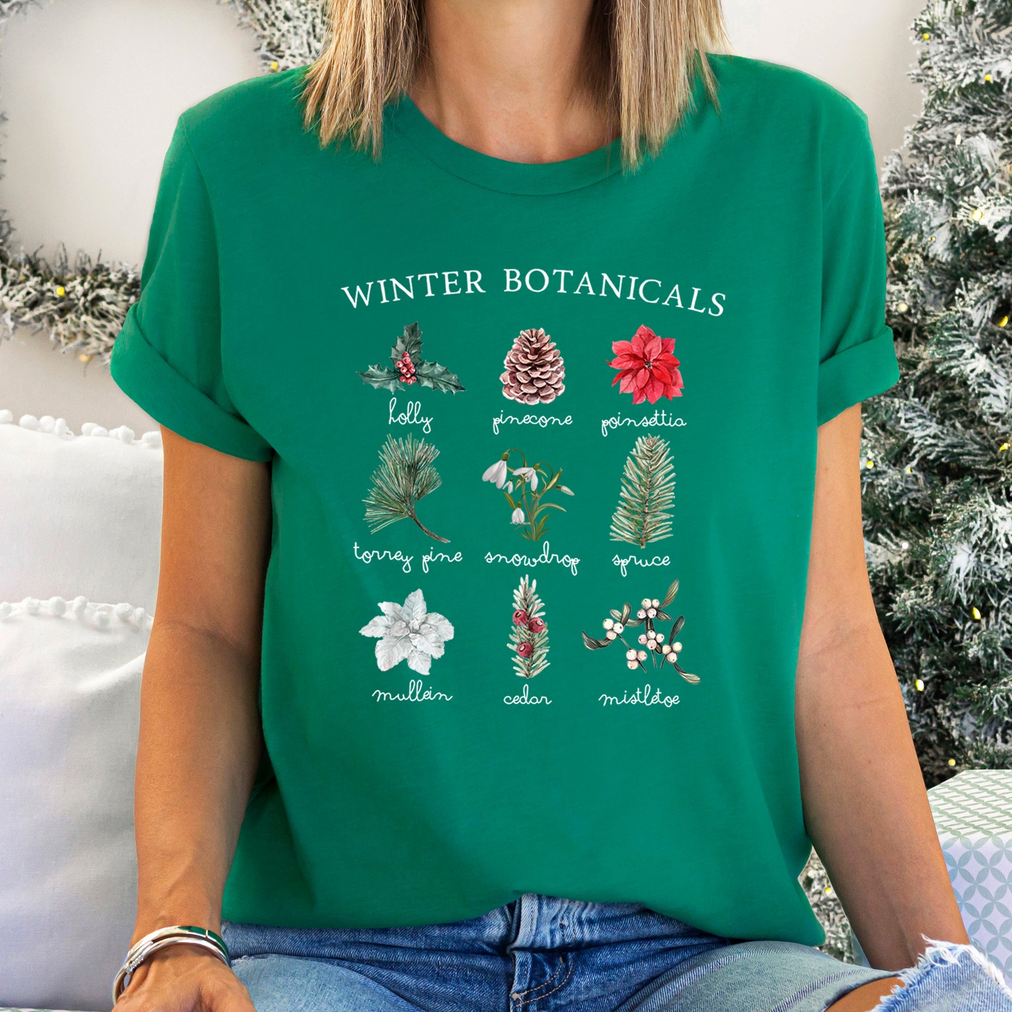 Winter Botanicals Holly Poinsettia Pine Tree Seasonal Florals Edition Graphic Tee