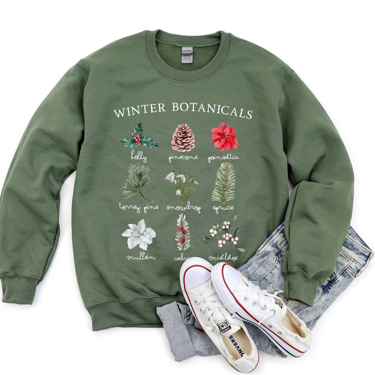 Winter Botanicals Holly Poinsettia Christmas Botanical Print Cozy Soft Sweatshirt