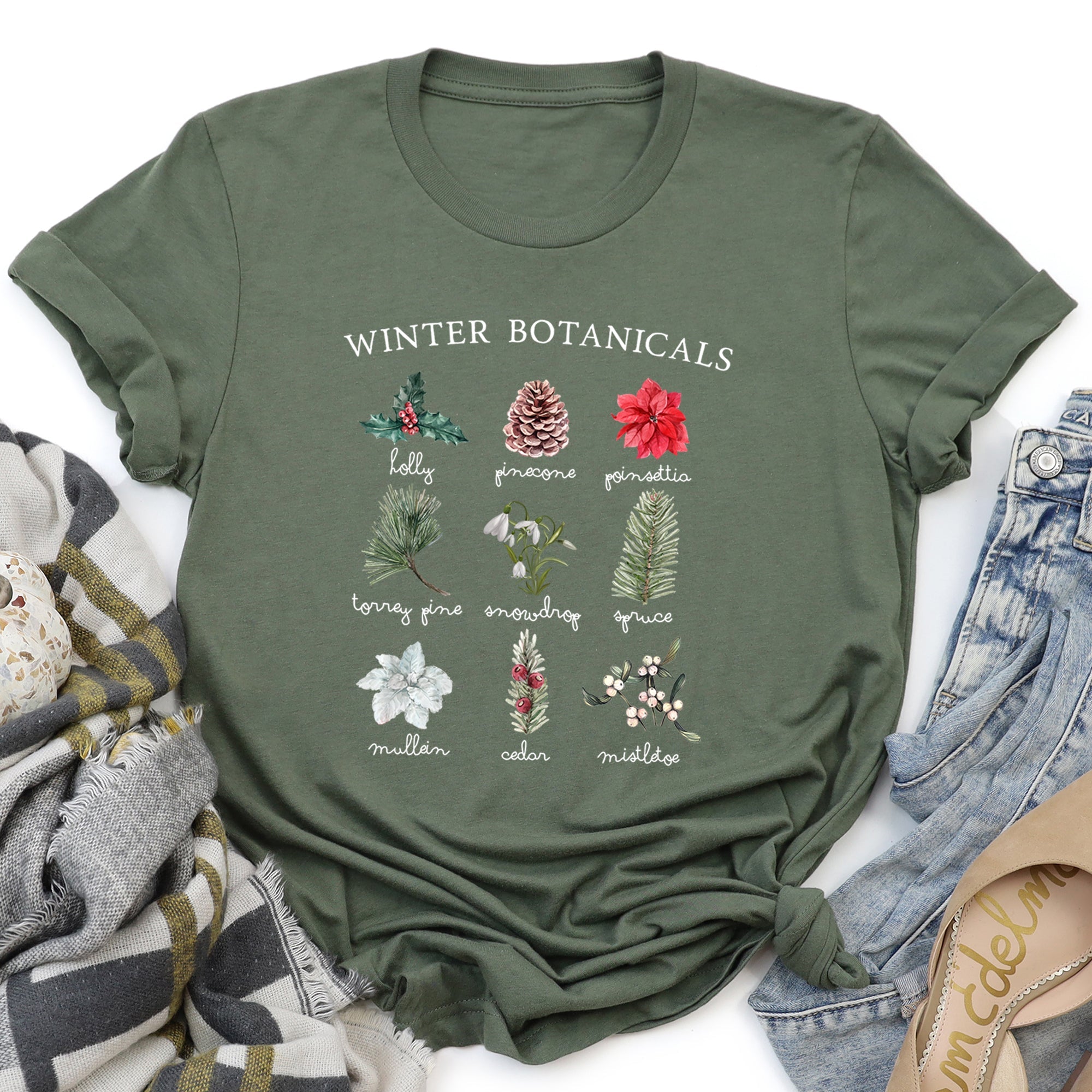 Winter Botanicals Holly Poinsettia Pine Tree Seasonal Florals Edition Graphic Tee