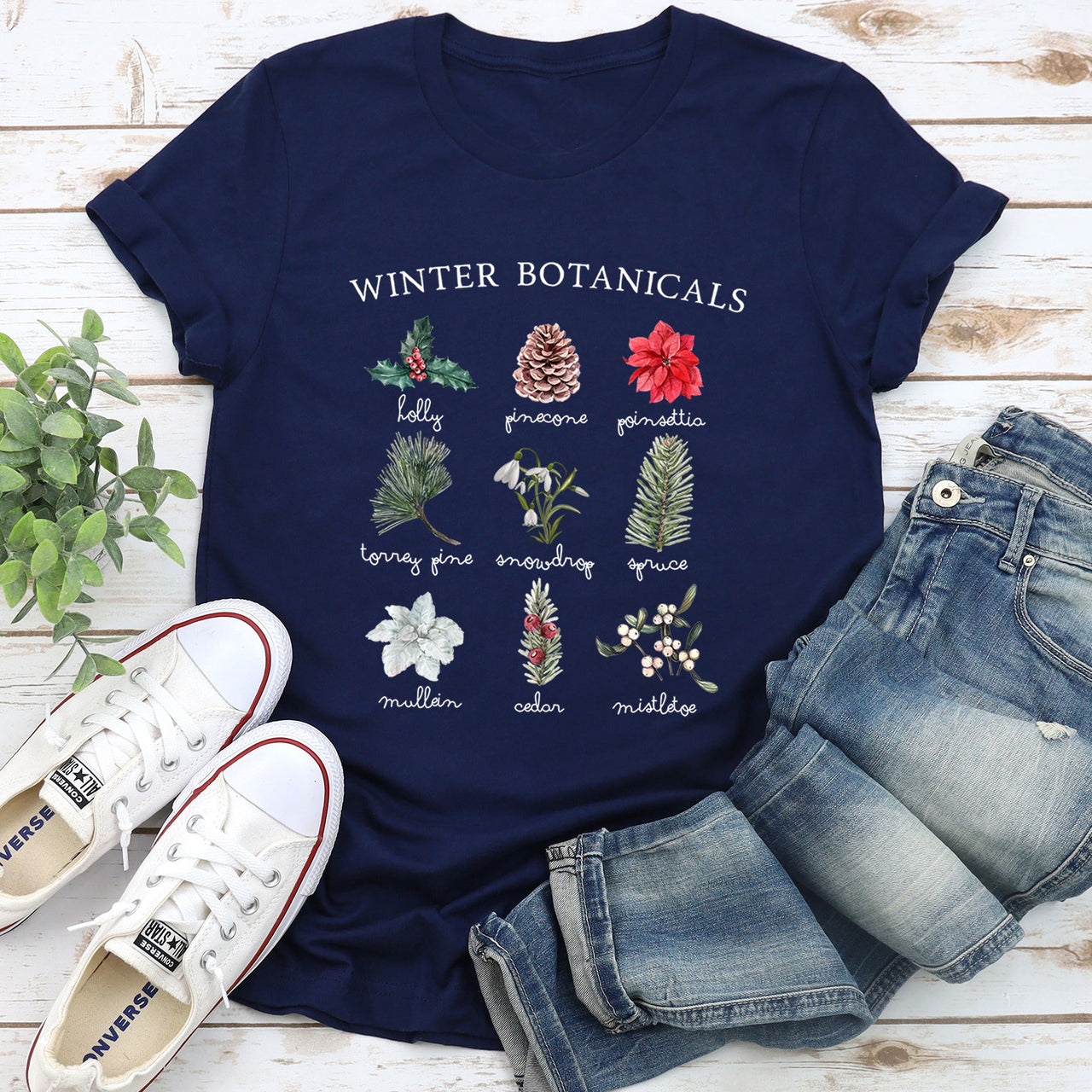 Winter Botanicals Holly Poinsettia Pine Tree Seasonal Florals Edition Graphic Tee