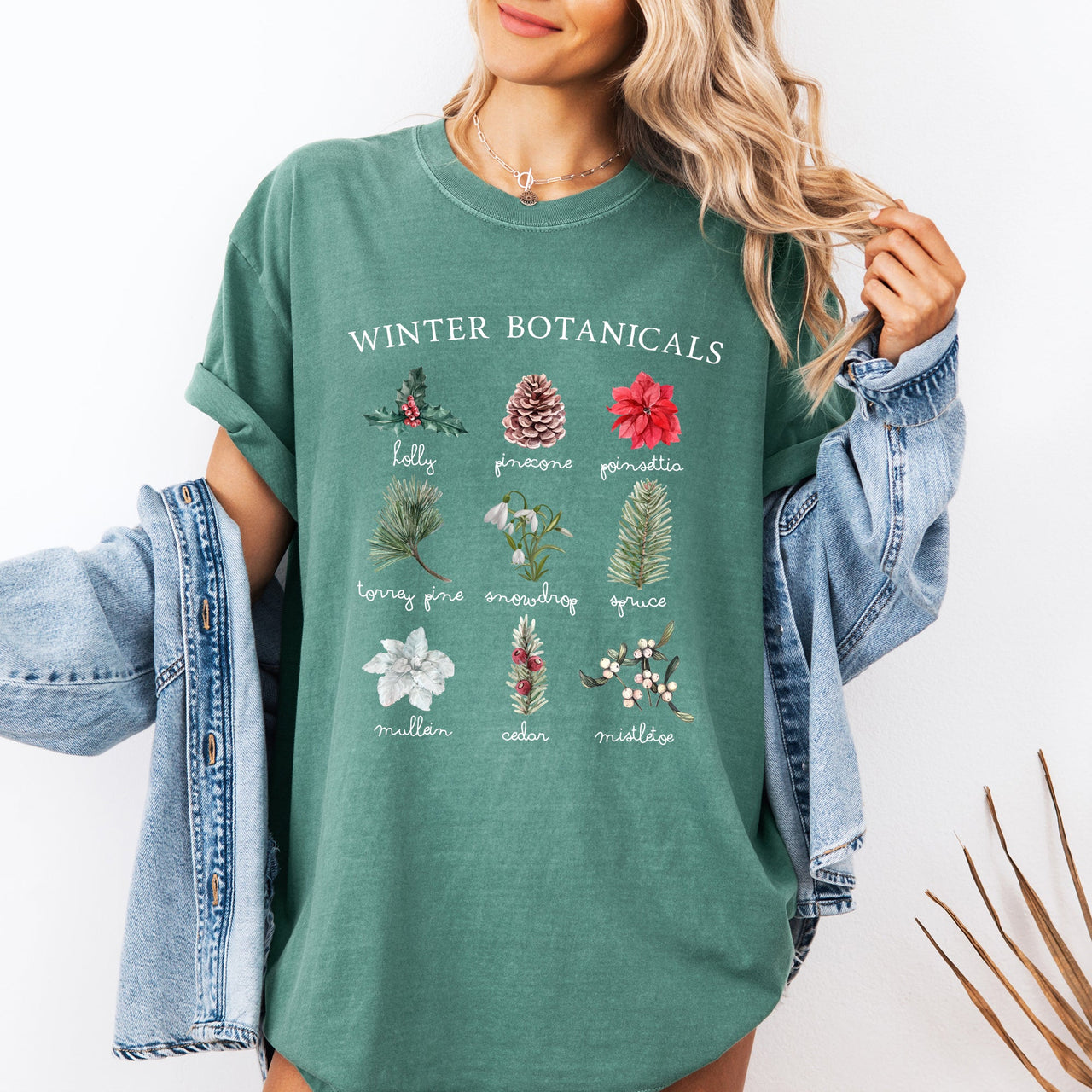 Winter Botanicals Holly Poinsettia Pine Tree Snow Xmas Holiday Floral Comfort Colors Tee