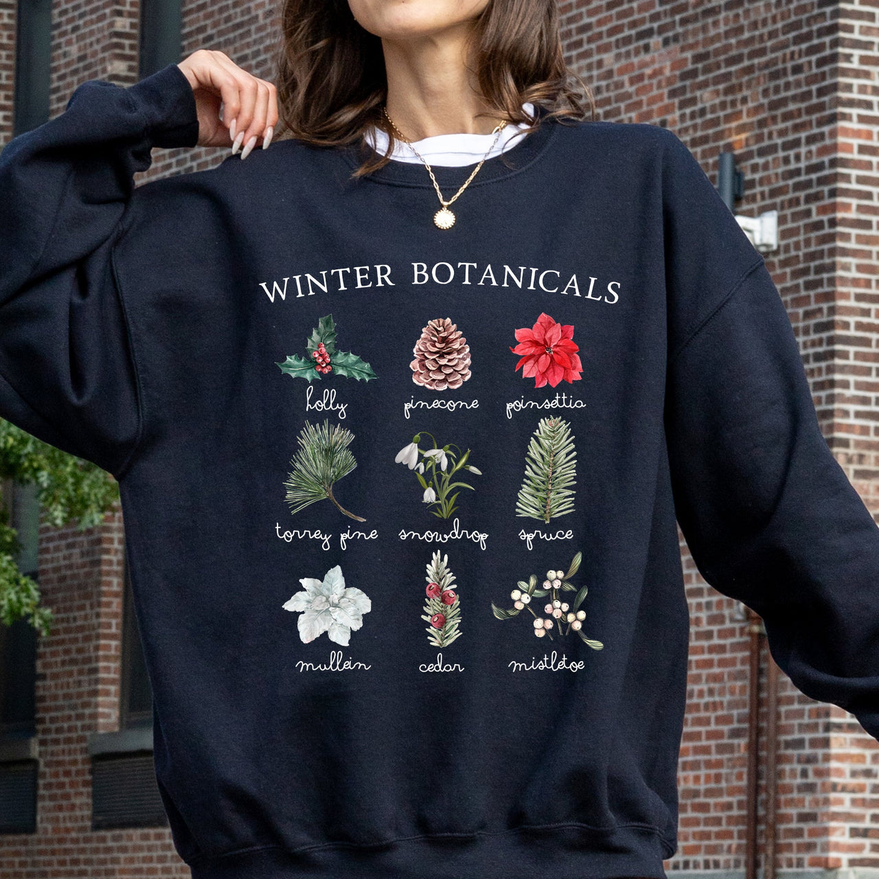Winter Botanicals Holly Poinsettia Pine Tree Snow Xmas Seasonal Print Sweatshirt