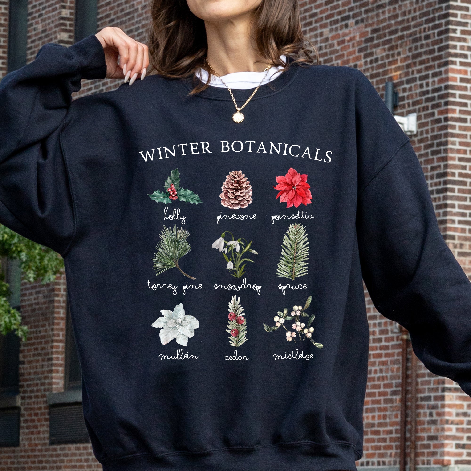 Winter Botanicals Holly Poinsettia Pine Tree Snow Xmas Seasonal Print Sweatshirt