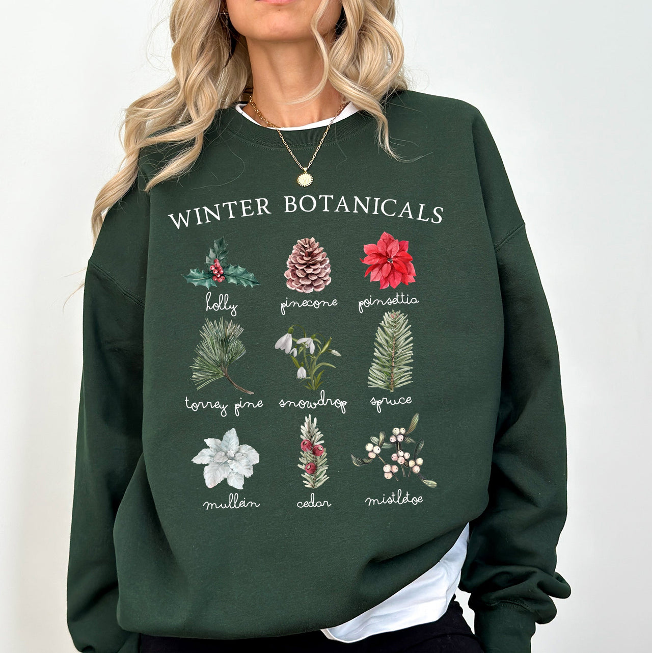 Winter Botanicals Holly Poinsettia Pine Tree Snow Xmas Seasonal Print Sweatshirt