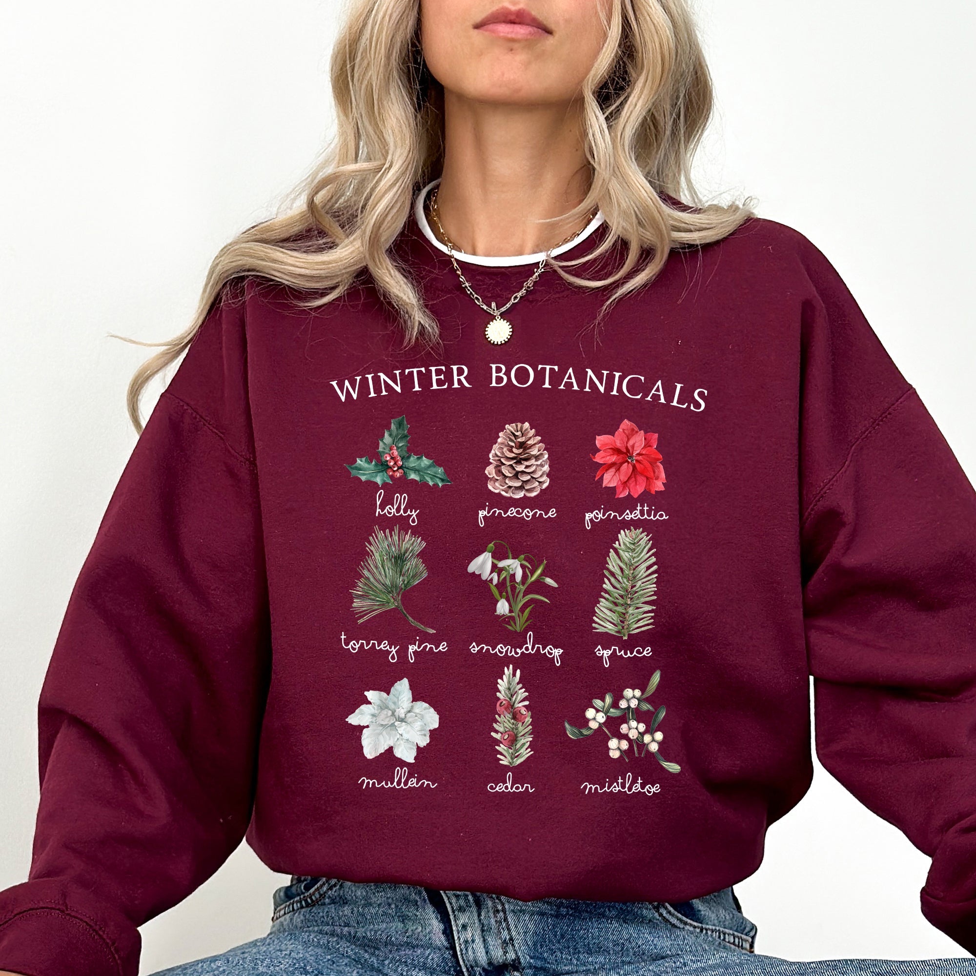 Winter Botanicals Holly Poinsettia Pine Tree Snow Xmas Seasonal Print Sweatshirt
