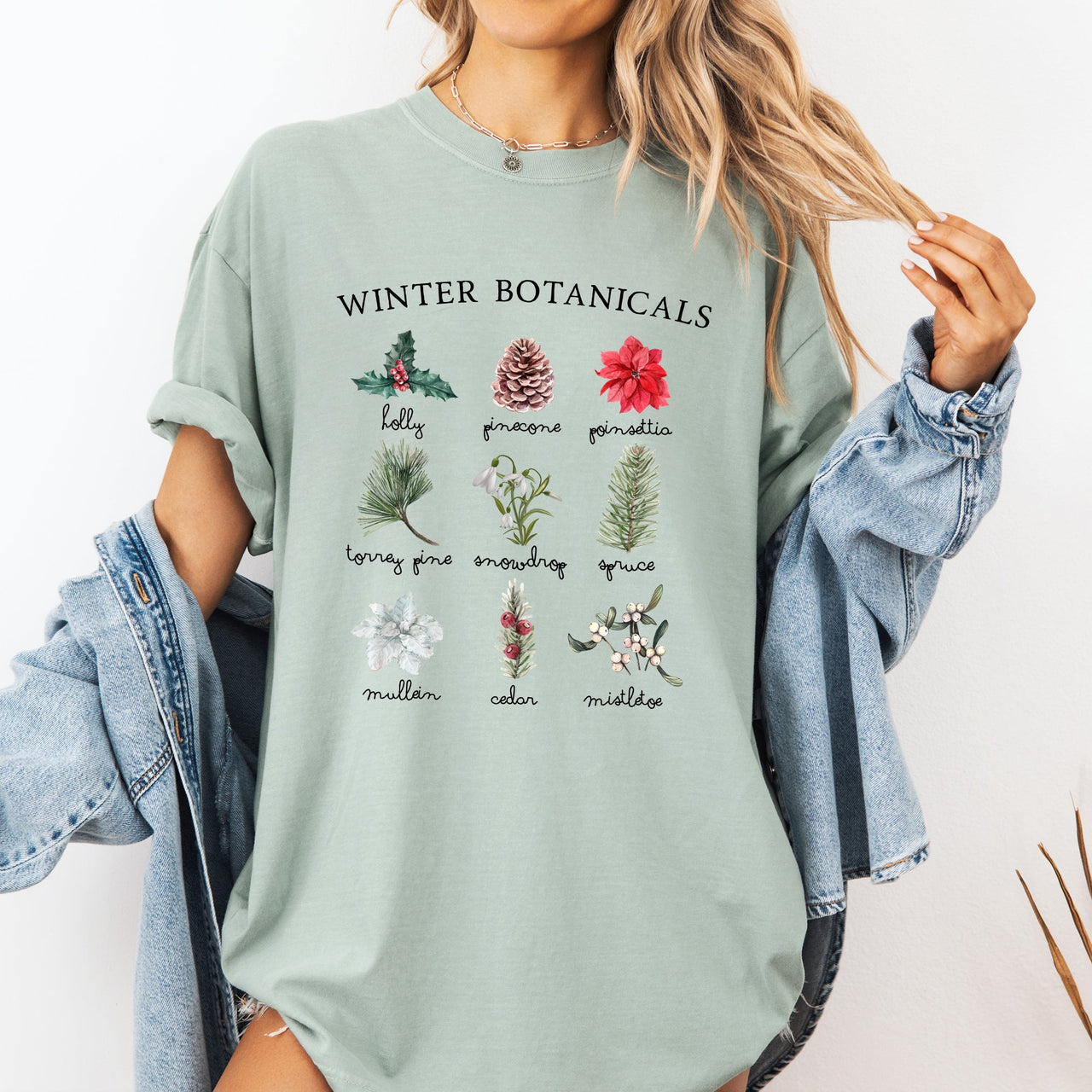 Winter Botanicals Holly Poinsettia Pine Tree Snow Xmas Holiday Floral Comfort Colors Tee