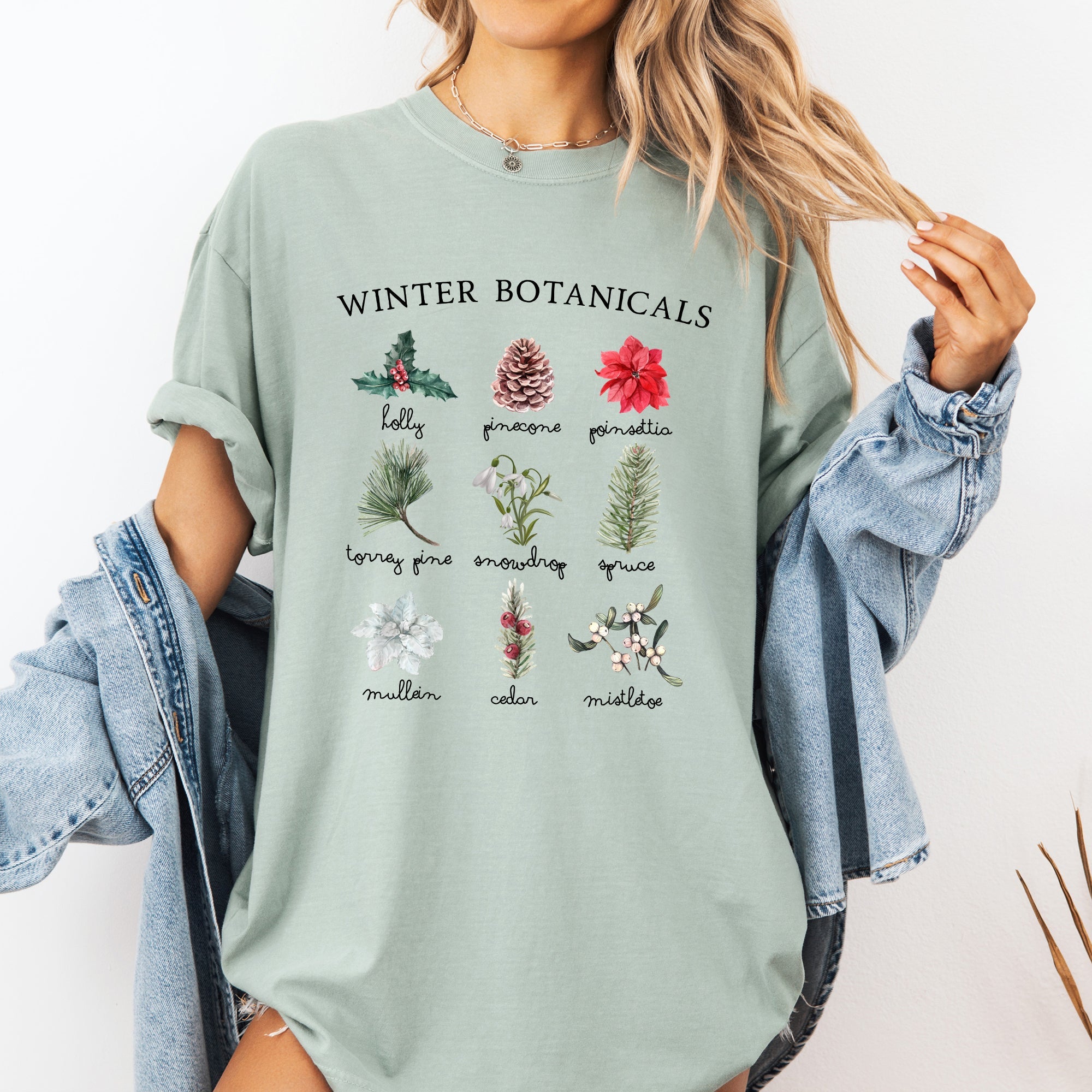 Winter Botanicals Holly Poinsettia Pine Tree Snow Xmas Holiday Floral Comfort Colors Tee