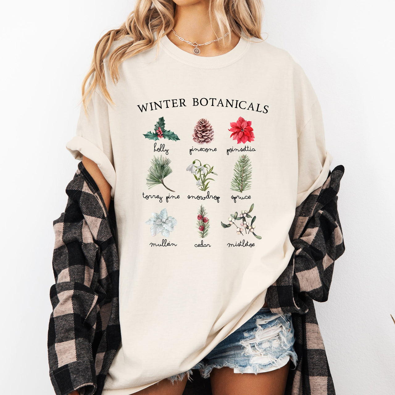 Winter Botanicals Holly Poinsettia Pine Tree Snow Xmas Holiday Floral Comfort Colors Tee
