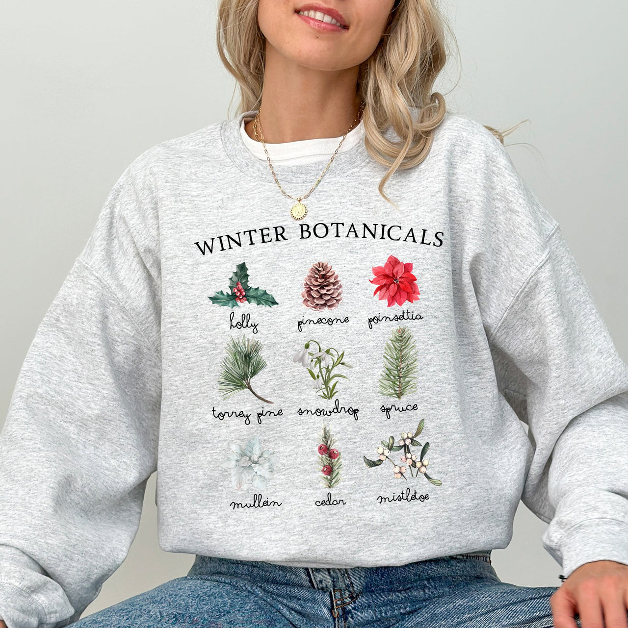 Winter Botanicals Holly Poinsettia Pine Tree Snow Xmas Seasonal Print Sweatshirt