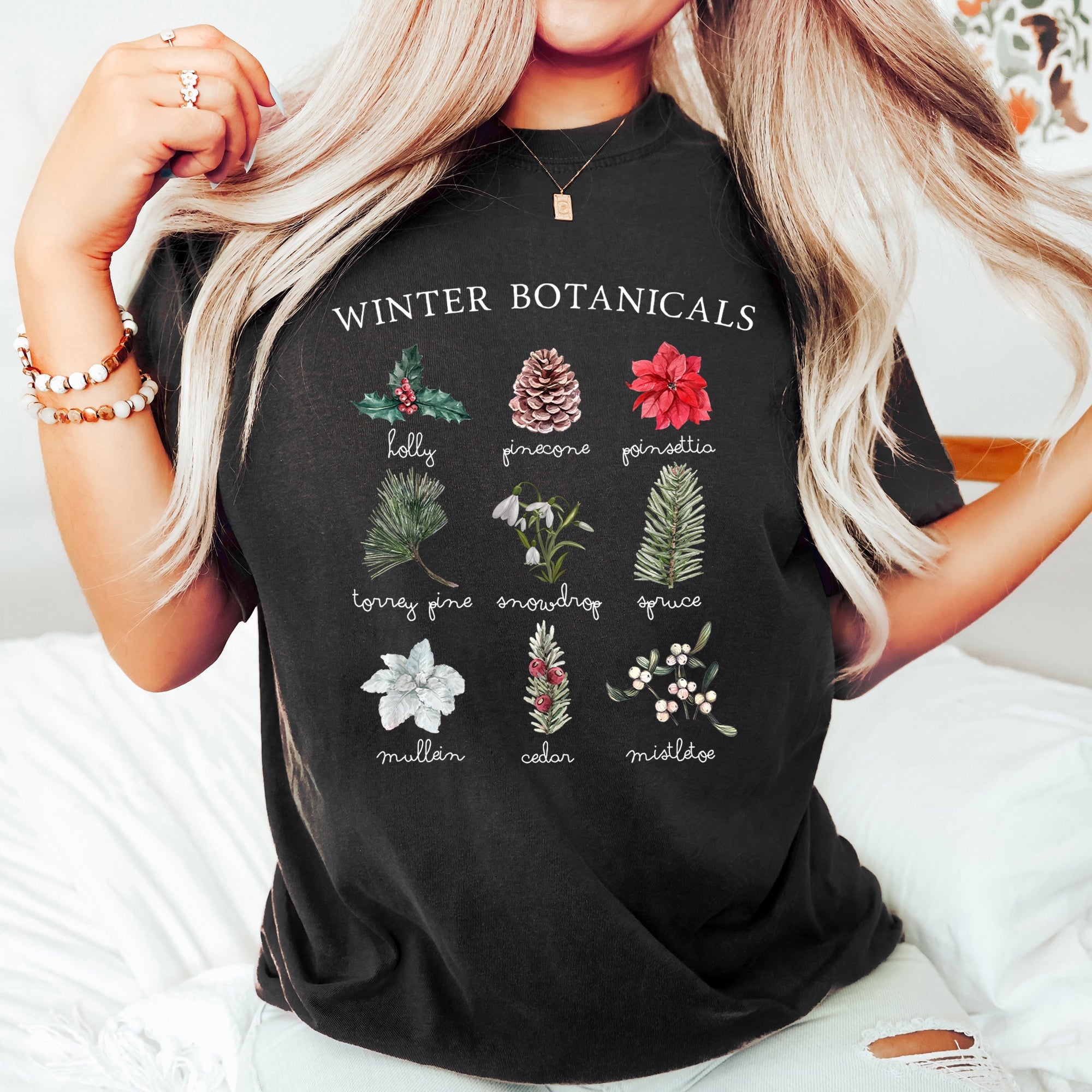 Winter Botanicals Holly Poinsettia Pine Tree Seasonal Holiday Design Comfort Colors Tee