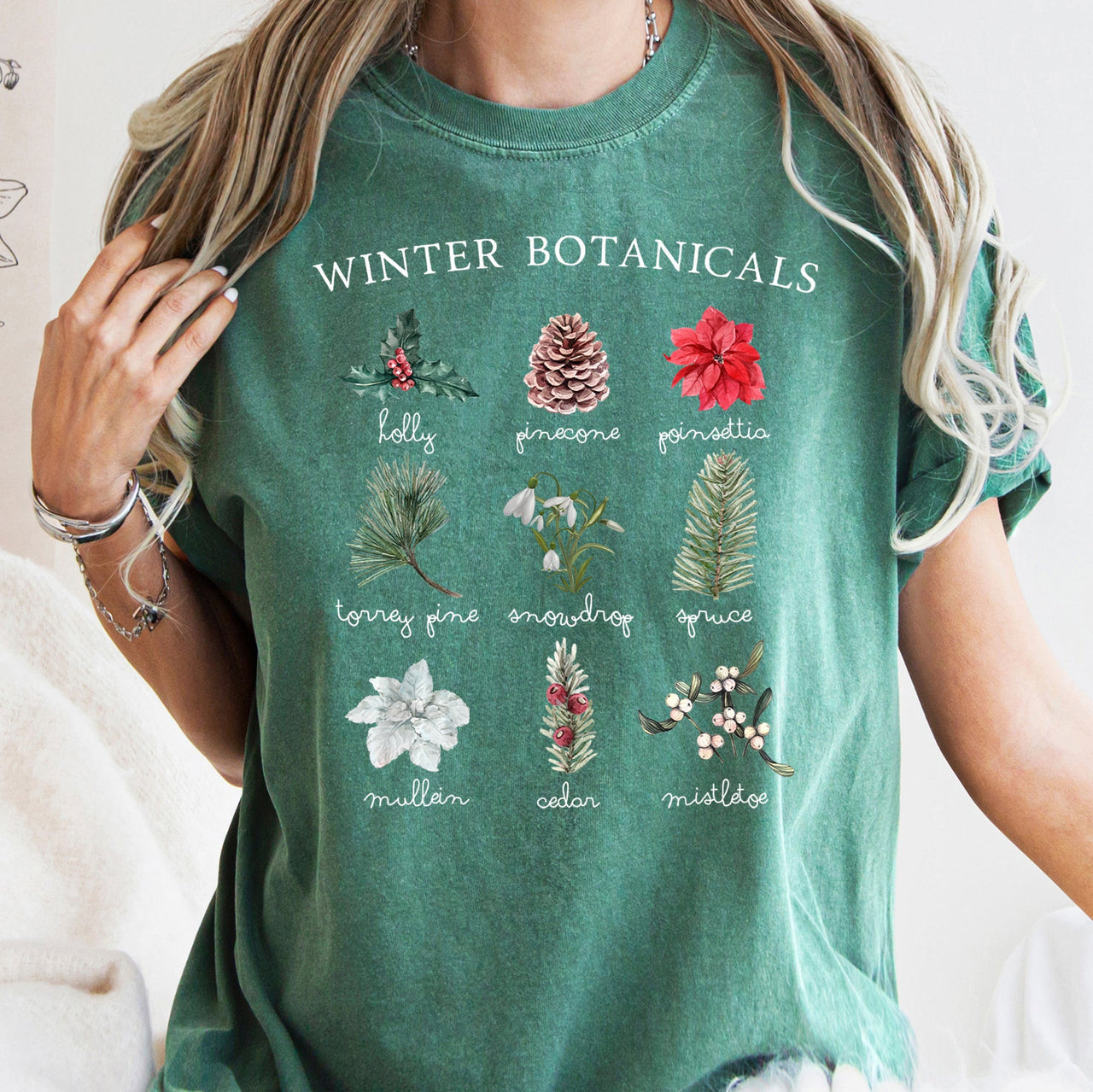 Winter Botanicals Holly Poinsettia Pine Tree Seasonal Holiday Design Comfort Colors Tee