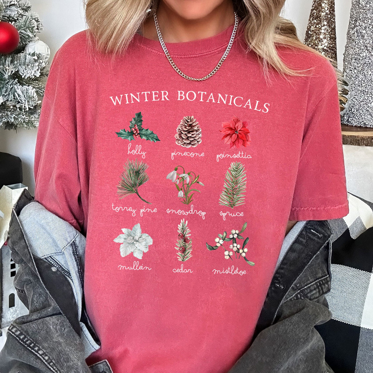 Winter Botanicals Holly Poinsettia Pine Tree Seasonal Holiday Design Comfort Colors Tee