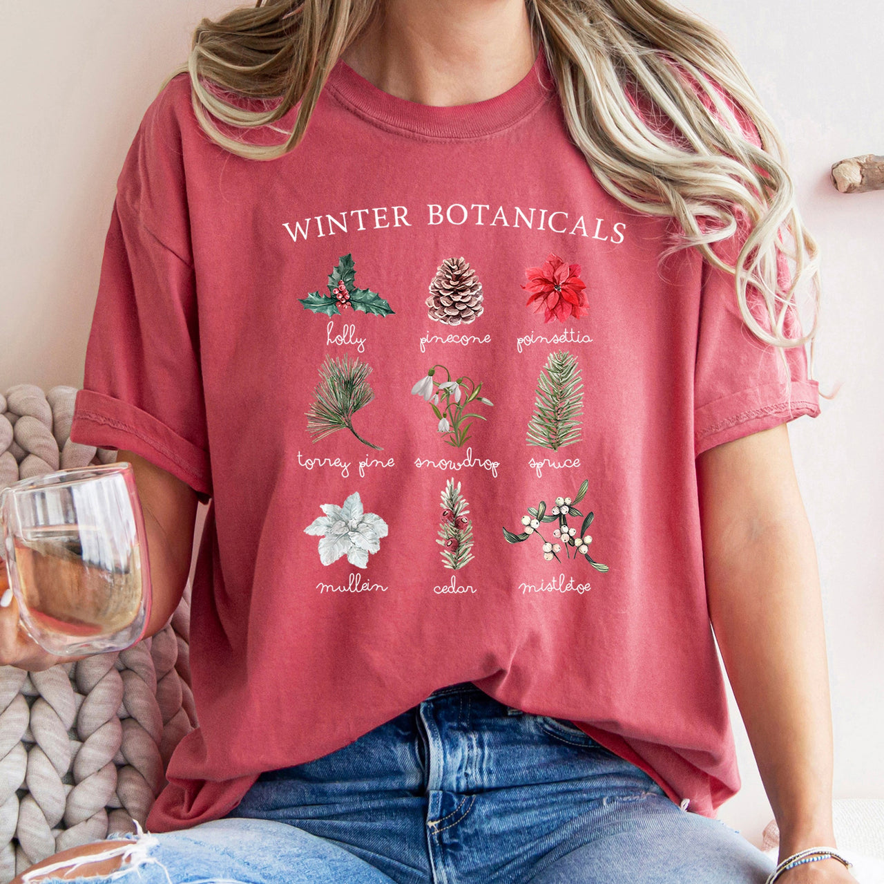 Winter Botanicals Holly Poinsettia Pine Tree Seasonal Holiday Design Comfort Colors Tee