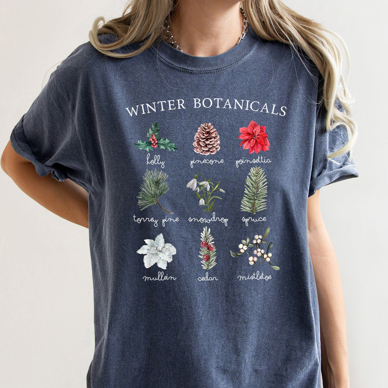 Winter Botanicals Holly Poinsettia Pine Tree Seasonal Holiday Design Comfort Colors Tee
