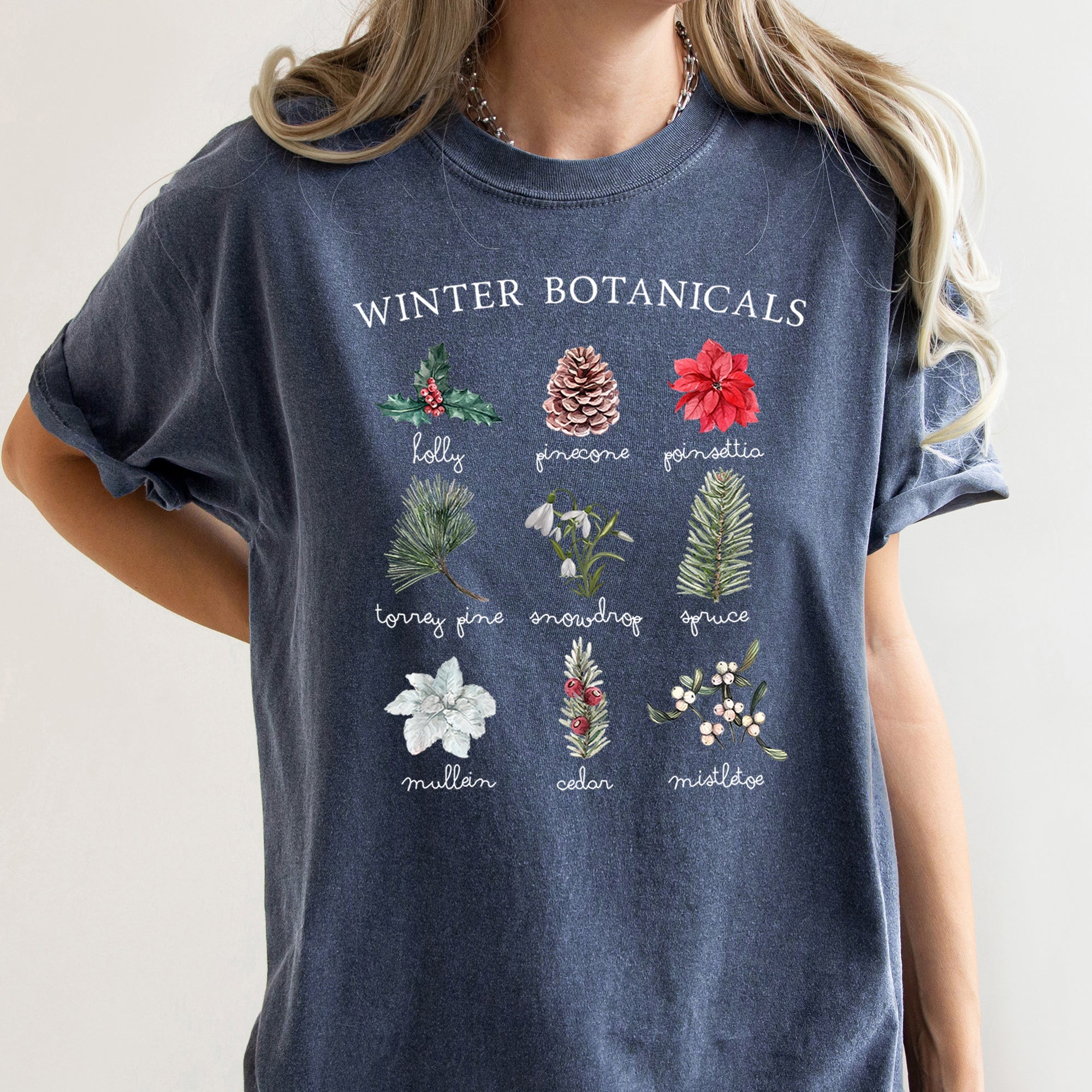 Winter Botanicals Holly Poinsettia Pine Tree Seasonal Holiday Design Comfort Colors Tee