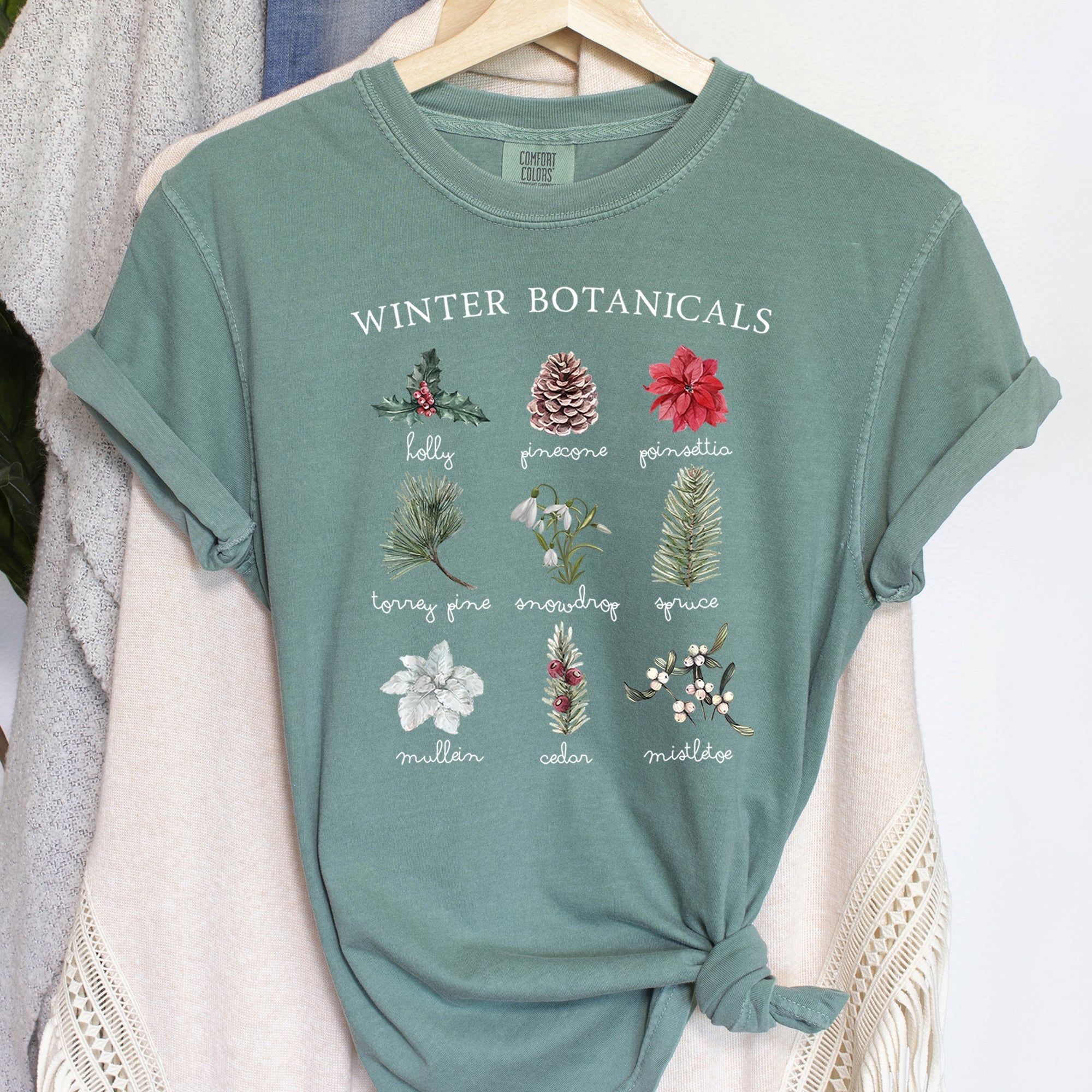 Winter Botanicals Holly Poinsettia Pine Tree Seasonal Holiday Design Comfort Colors Tee