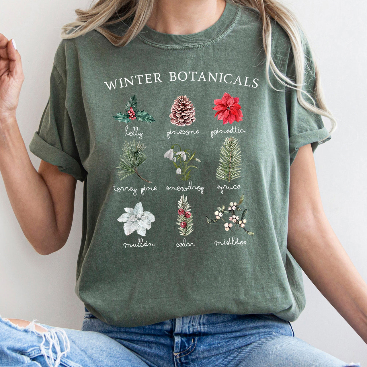 Winter Botanicals Holly Poinsettia Pine Tree Seasonal Holiday Design Comfort Colors Tee