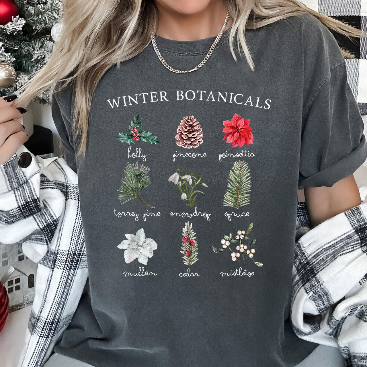 Winter Botanicals Holly Poinsettia Pine Tree Seasonal Holiday Design Comfort Colors Tee