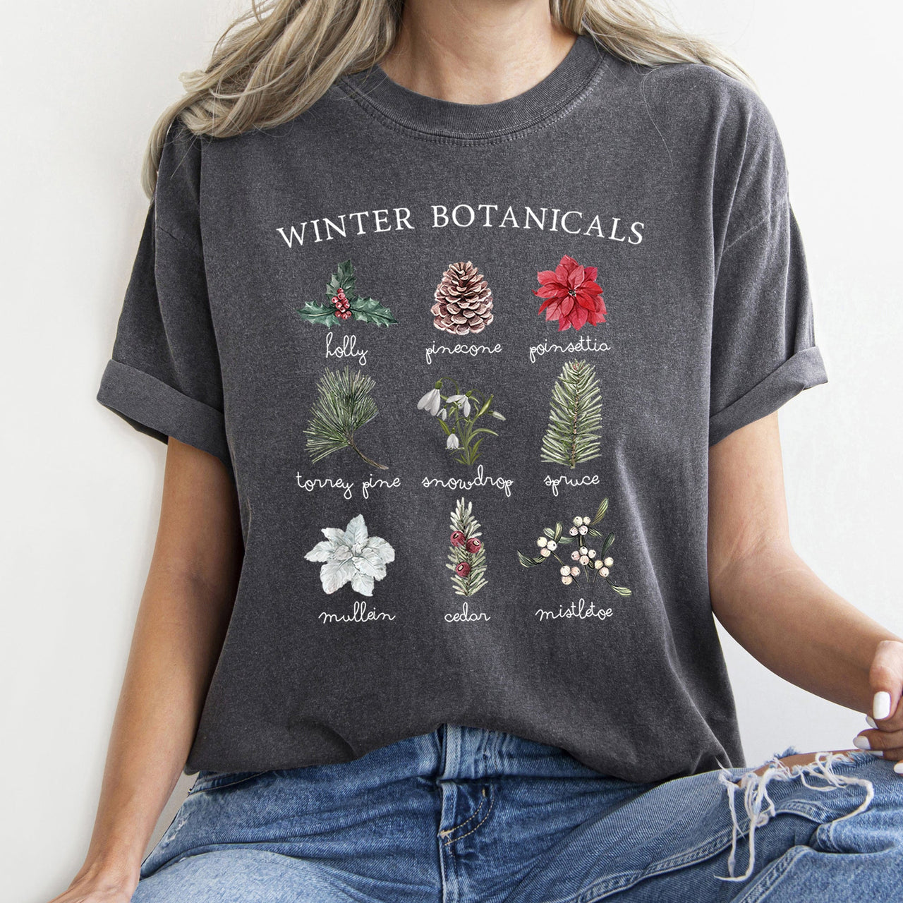 Winter Botanicals Holly Poinsettia Pine Tree Seasonal Holiday Design Comfort Colors Tee