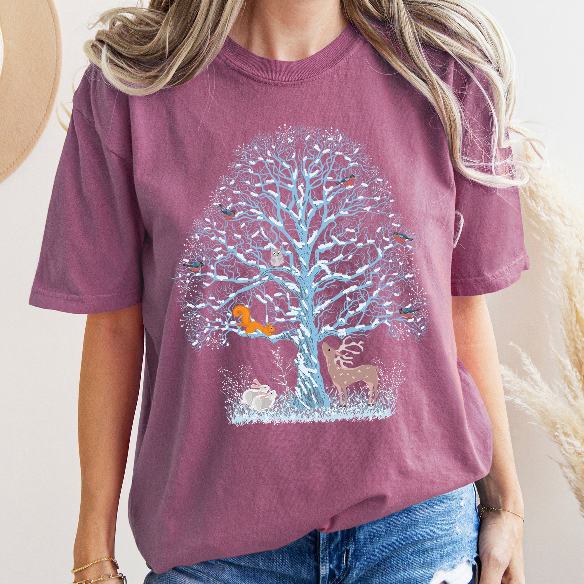 Winter Tree Filled With Animals, Christmas, Deer, Owl Illustration Comfort Colors Tee