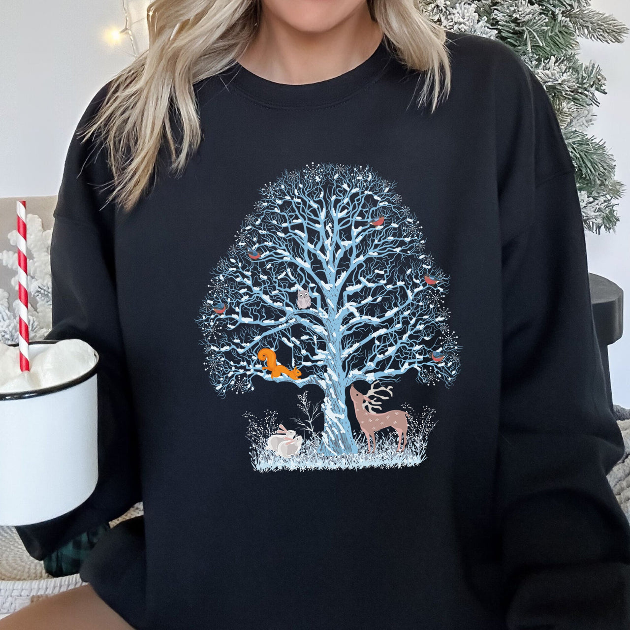 Winter Tree Filled With Animals Christmas Wildlife Woodland Scene Cozy Sweatshirt