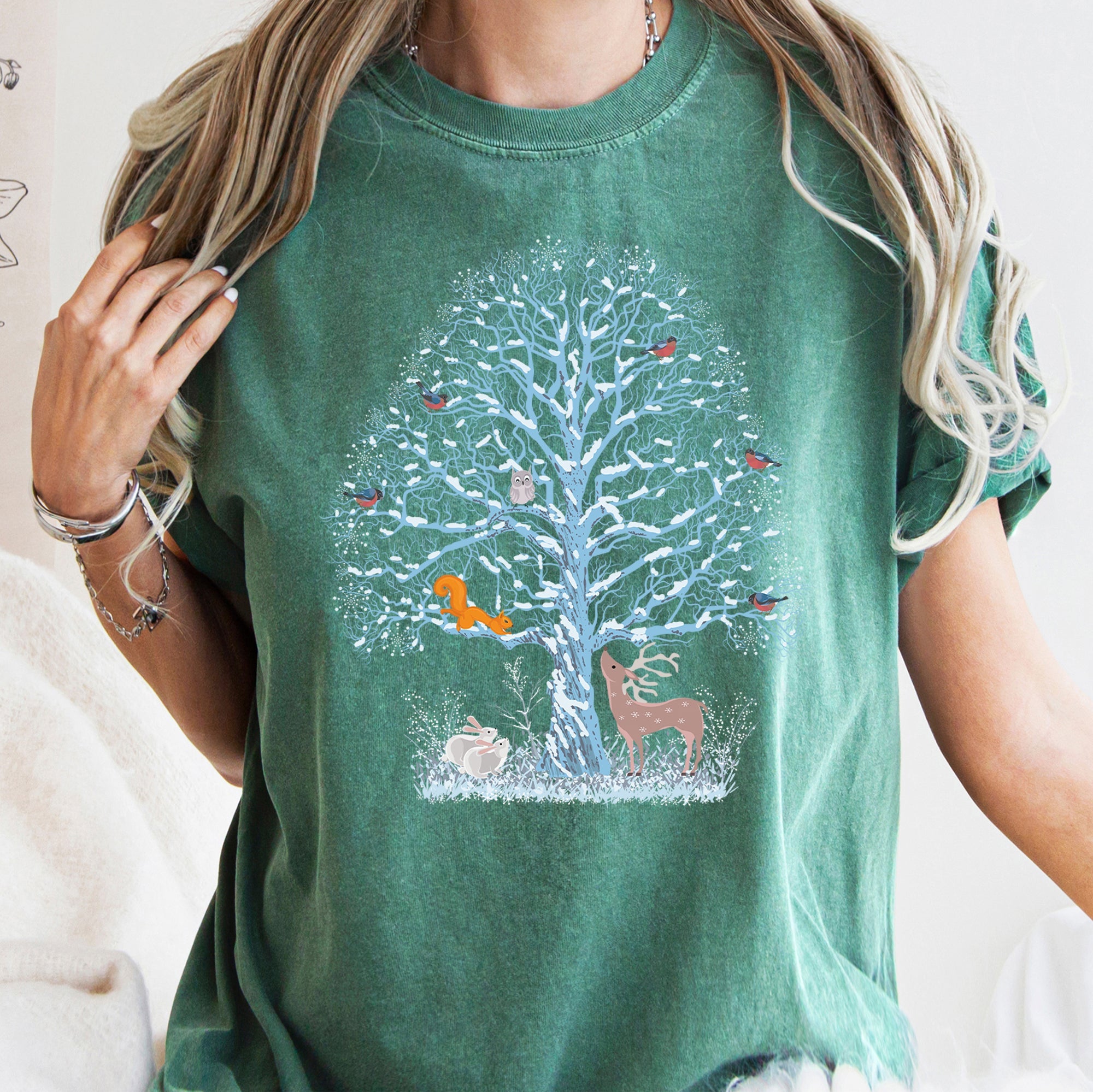 Winter Tree Filled With Animals, Christmas, Deer, Owl Illustration Comfort Colors Tee