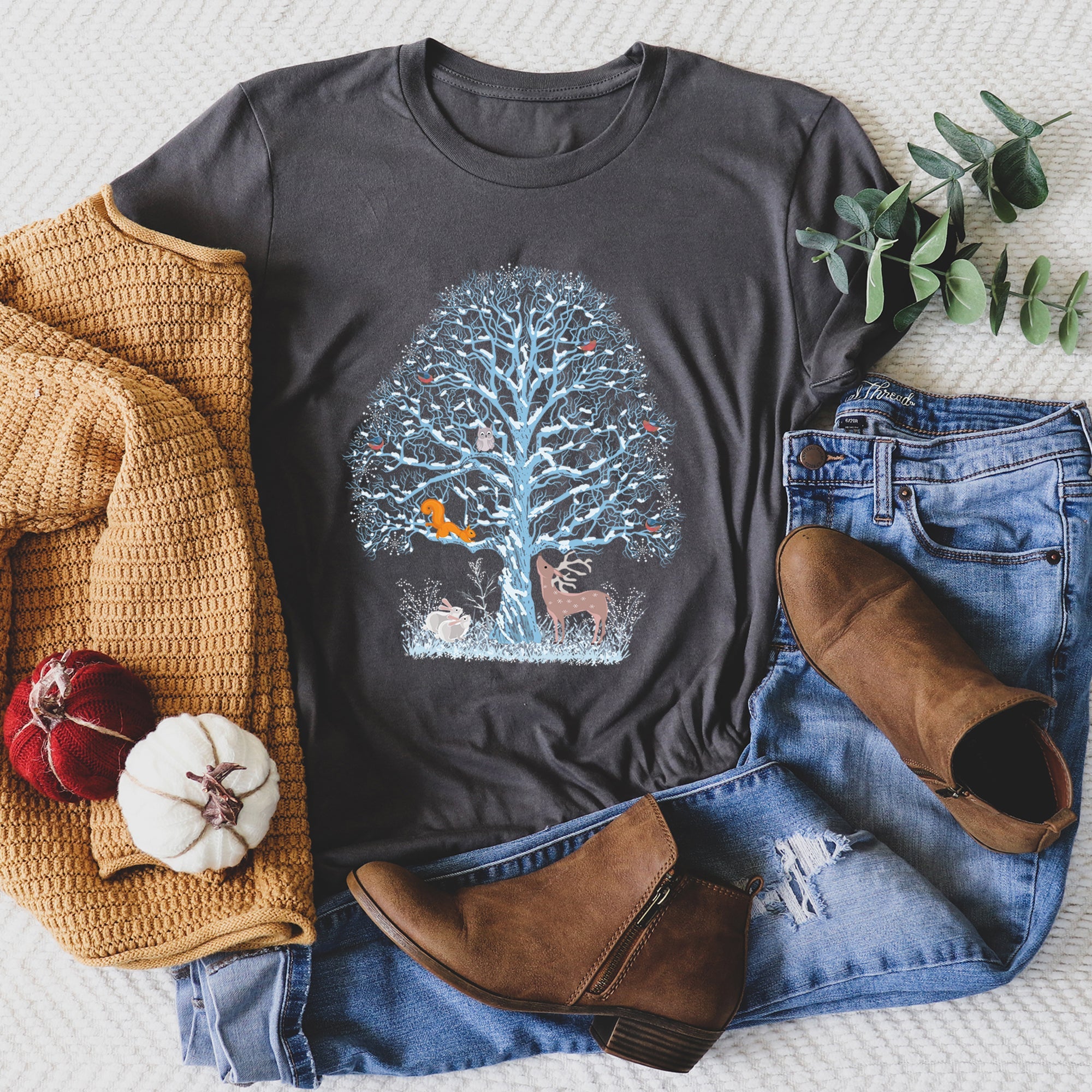 Winter Tree Filled With Animals Christmas Deer Owl Forest Wildlife Edition Graphic Tee
